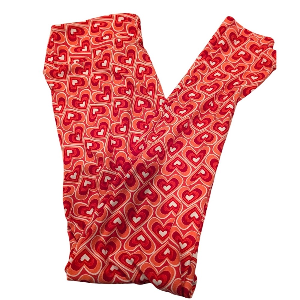 LuLaRoe Leggings One Size OS Red Orange Retro Heart Print Valentine Soft Stretch